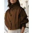 thumbnail image 4 of Women'S Pleated Jacket Long Sleeve Collared Button Down Casual Short Trench Coat Spring Fall Outerwear Dark Brown M, 4 of 9