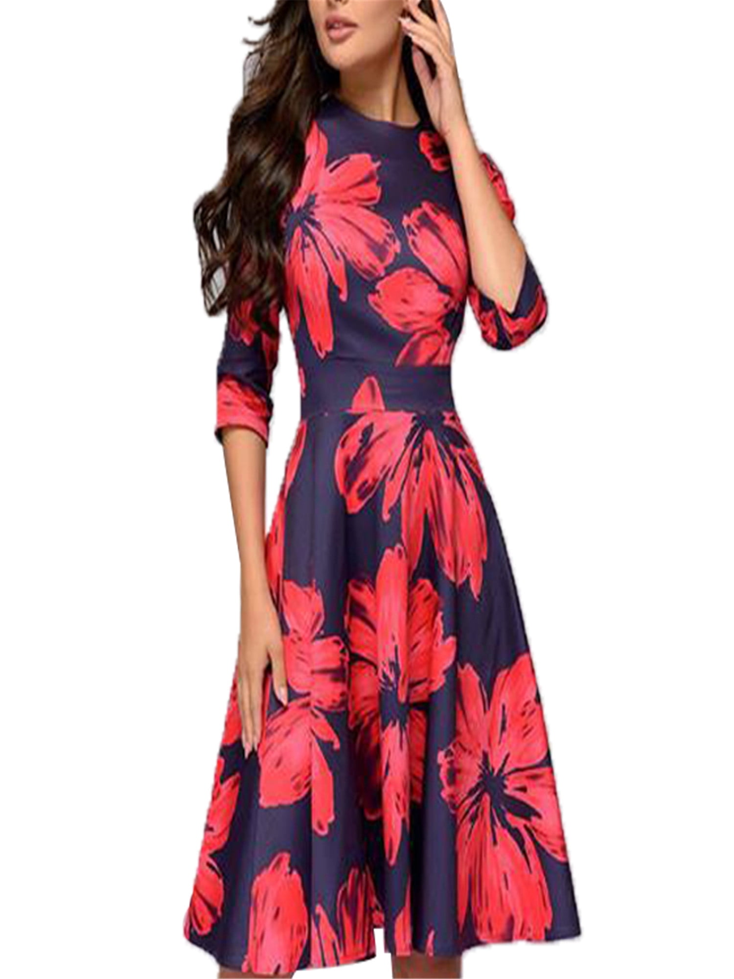 Canis Women Casual Floral Midi Dress with Pockets Elegant Evening High ...