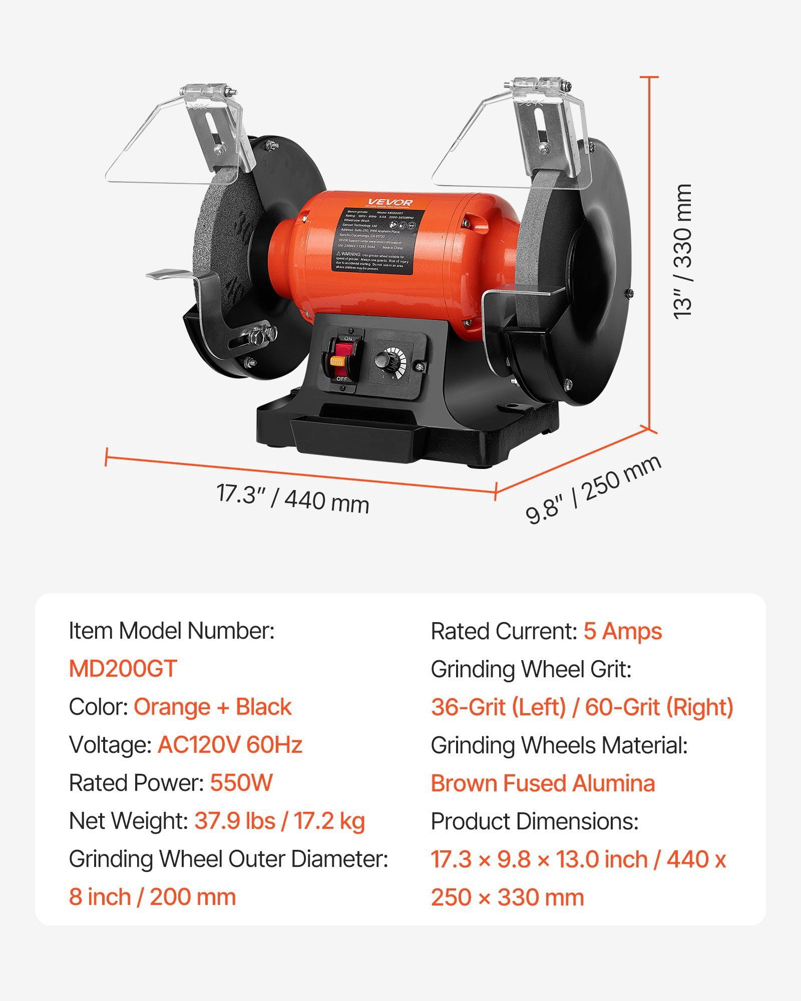 8" Variable Speed Bench Grinder, 550W Motor & 2 Wheels for Sharpening