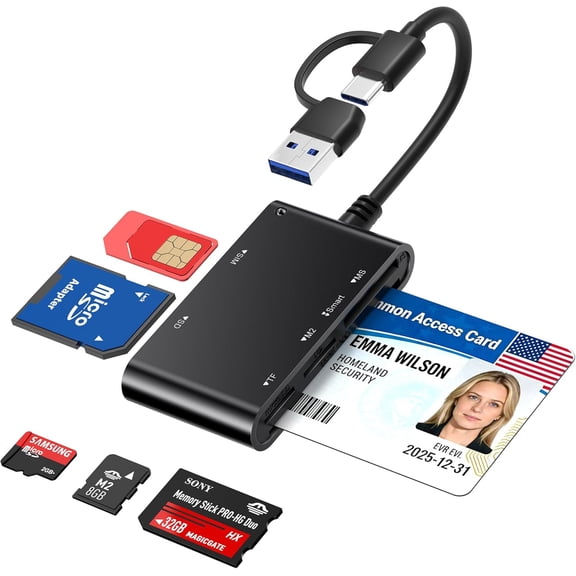 7-in-1 Smart Card Reader with USB-C & USB-A - Military CAC & PIV Card Reader SIM Card Adapter SD/TF/Memory Stick Duo/M2/MMC Memory Card Reader for Windows Mac Linux – Plug and Play