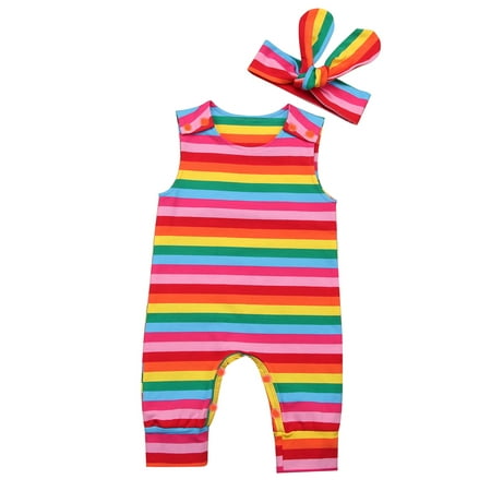 

Newborn Baby Girls Easter Rainbow Striped Vest Romper Cotton Jumpsuit Bow Headband Summer Casual Outfits