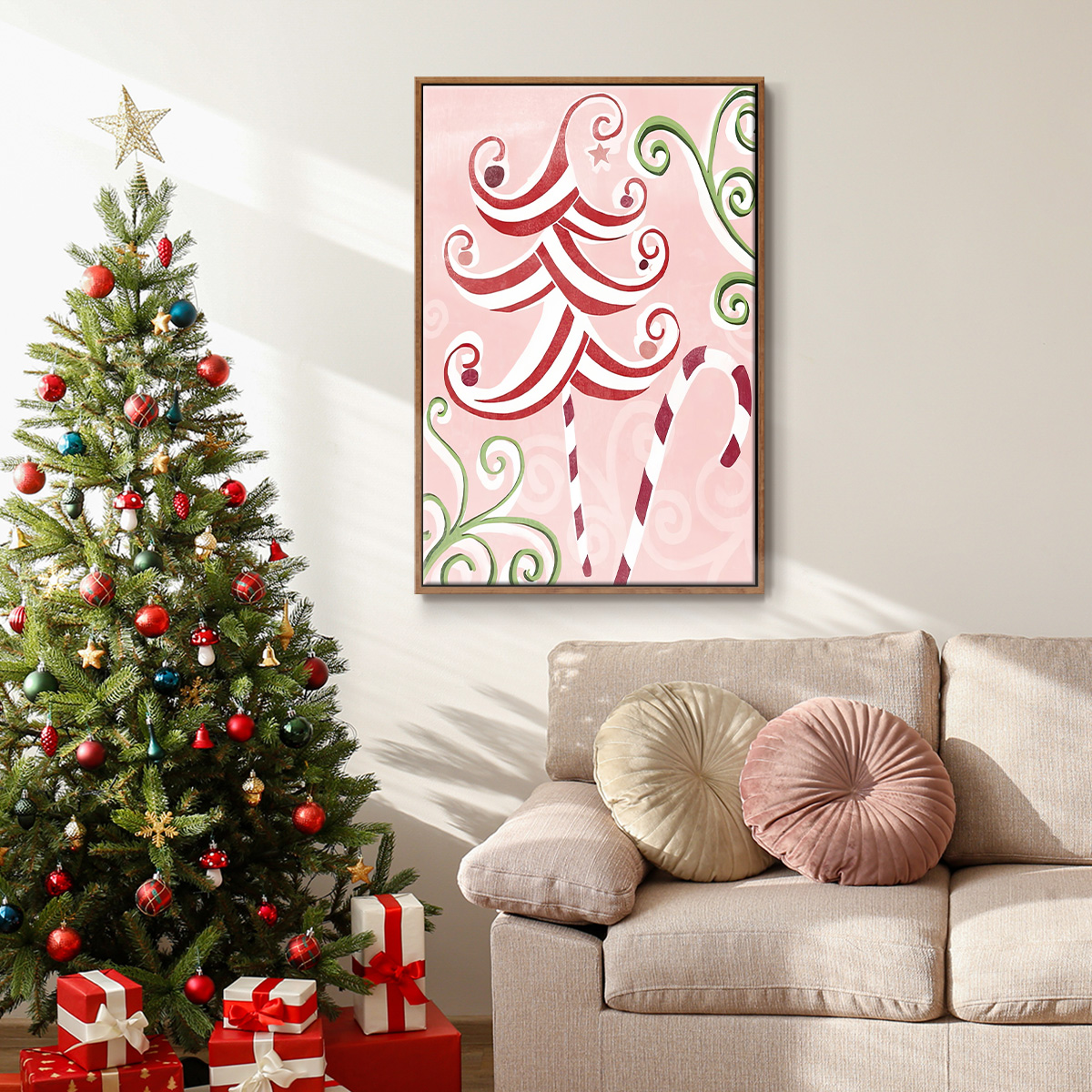 Candy Cane Holiday I - Framed Gallery Wrapped Holiday Canvas - 17 x 25 - Rosewood Frame