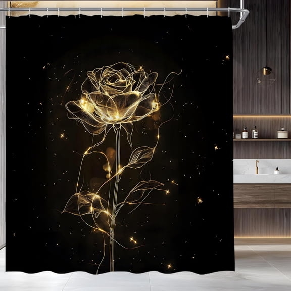 Rose Shower Curtain, Black Gold Floral Art Waterproof Bathroom Curtain with Hooks, Modern Aesthetic Flower Bathroom Decor 36"W x 72"H