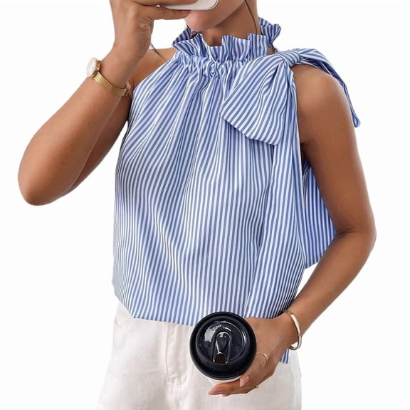 Women'S Sleeveless Stripe Stand Collar Tie Front Ruffle Detail Ribbon Strap Tank Top S