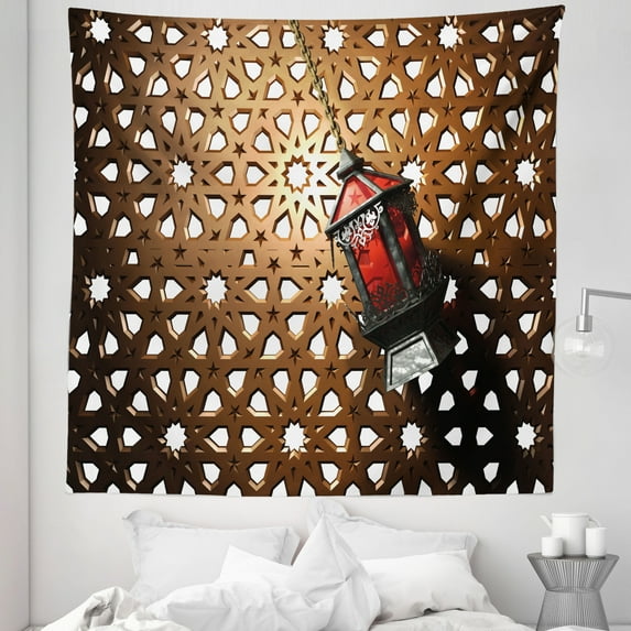 Lantern Tapestry, Egyptian Fanoos in a 3D Style Realistic Illustration Moroccan Backdrop Design, Fabric Wall Hanging Decor for Bedroom Living Room Dorm, 5 Sizes, Umber Red Grey, by Ambesonne