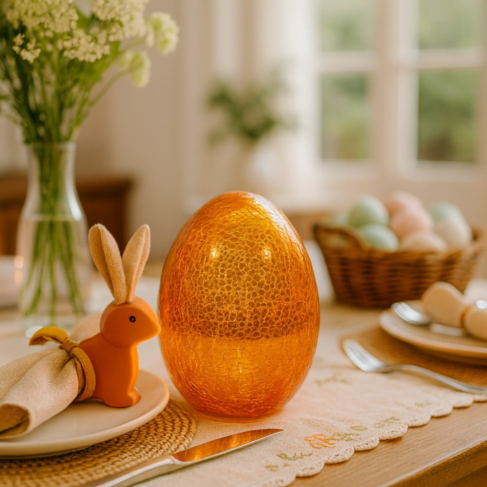 6 Inch LED Lighted Easter Egg Decor, Crackle Glass Illuminated Egg with Warm White Fairy Lights, Battery Operated Spring Table Centerpiece, Gold