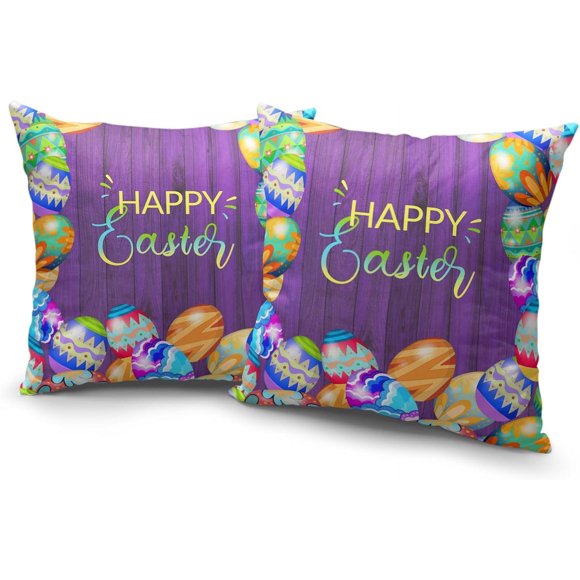 Housses de Coussin Joyeuses Pâques 18x18 Pouces Ensemble de 2 Housses de Coussin Grain de Bois Violet Ufs de Pâques Colorés Décorations en Coton Lin Housses de Coussin Rustiques Canapé Lit