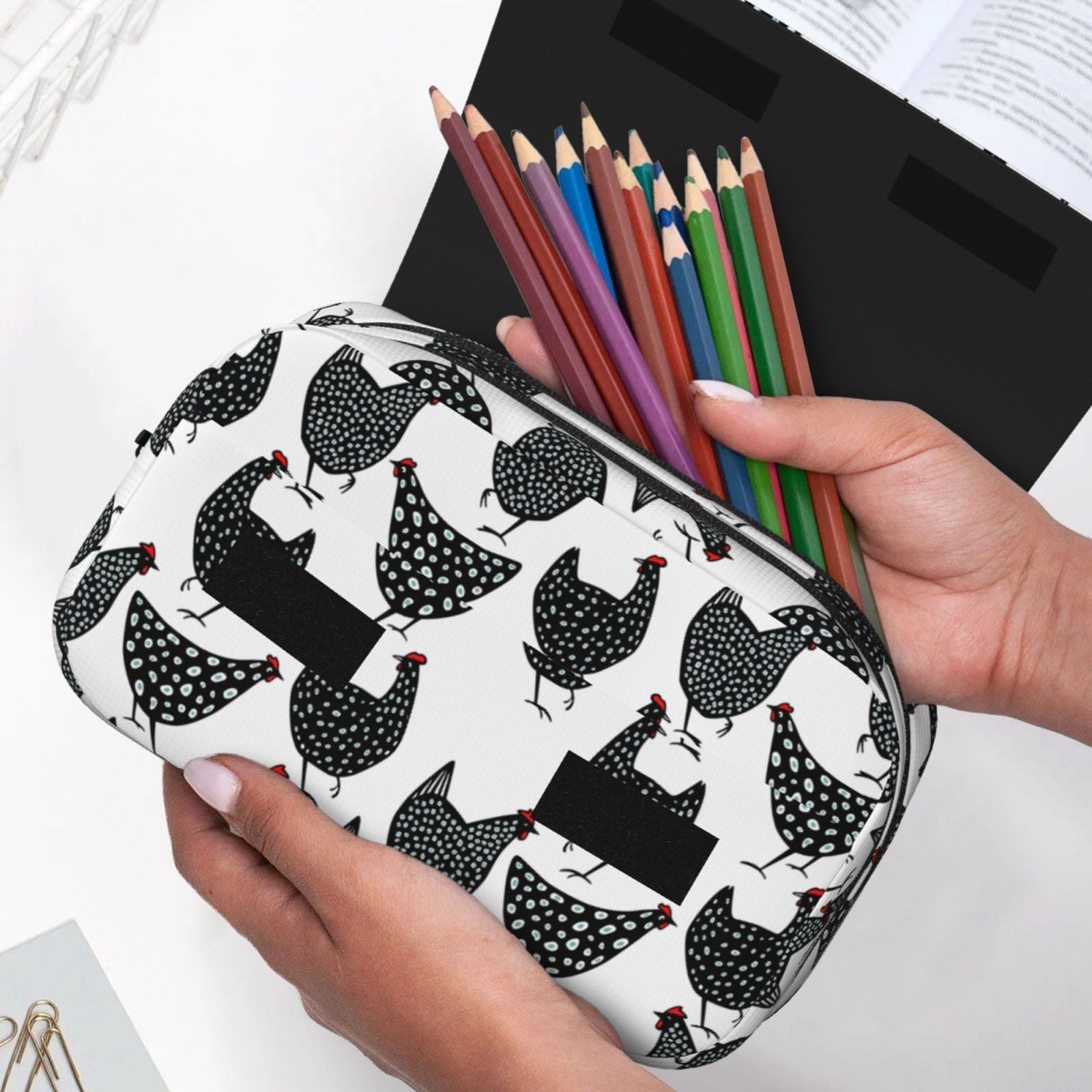 Rateoe Retro Rooster Pattern Double Clamshell Pen Case, Storage Organizer with Two Zipper Compartments– Holds Up to 50 Pencils & Pens