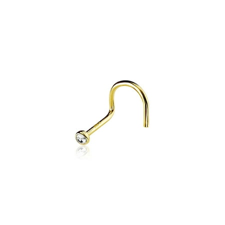 

14 Karat Gold Bezel Set Gem Top Nose Screw Ring-Clear Gem
