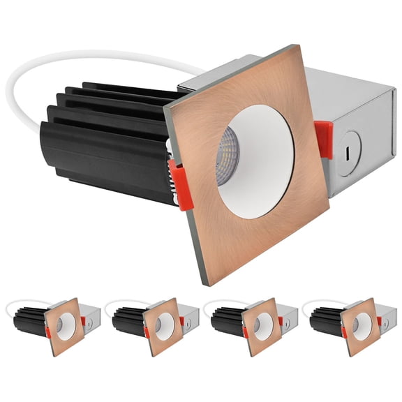 LUXRITE 2 In. LED Recessed Light, Round White & Square Copper Interchangeable Trim, 5CCT, 1000LM, 15W, Dimmable 4 Pack