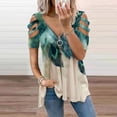thumbnail image 1 of ICHUANYI Clearance Fashion Women Hollow Out Print V-Neck T-Shirt Short Sleeve Casual Blouse(Green, XL) ICHUANYI WER2023081502480, 1 of 5