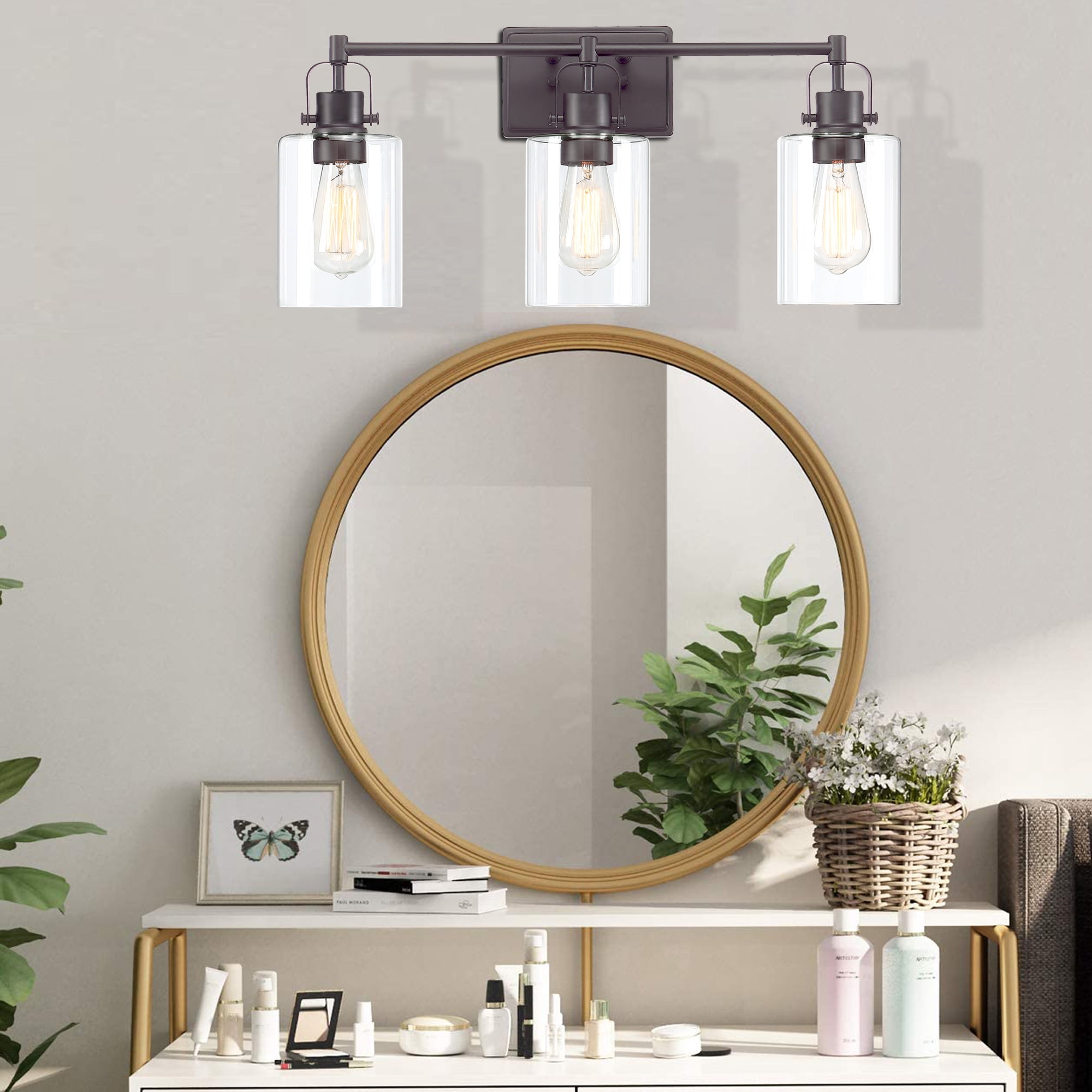3-Light Bathroom Light Fixtures Dark Bronze Vanity Lighting over Mirrors, Vintage Wall Sconce with Clear Glass Shade