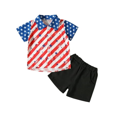 

Toddler Boys 4th of July Outfits Short Sleeve Stars and Stripes Print Button Shirt Shorts Set