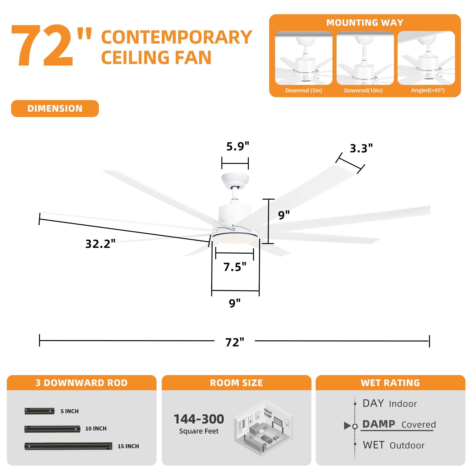 Craftian 72in Modern White Ceiling Fans with Lights and Remote Control, Ceiling Fans with 8 Aluminum Blades and 6 Speed