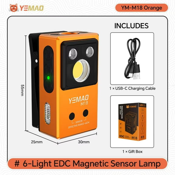 YEMAO M18 270LM EDC Flashlight, Magnetic Clip Light with 7 RGB Colors & UV Light, Rechargeable 500mAh Battery, Portable Sensor Lamp