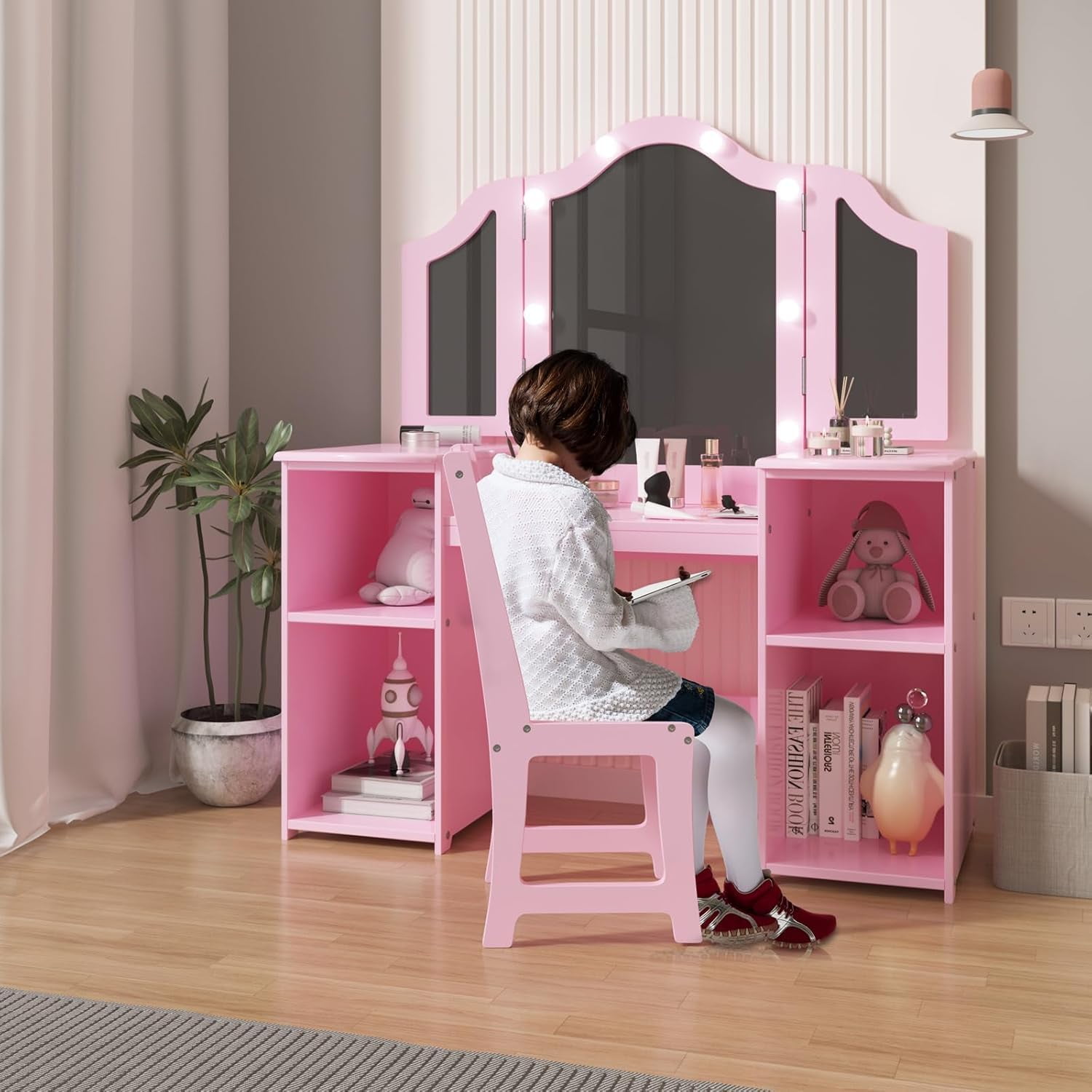 TROPOW Vanity Desk,Makeup Vanity,with Mirror and Lights,2-in-1 Kids Vanity Set with Mirror Wooden Toddler Vanity Set,Top Princess Pretend Play Beauty Makeup Vanity Table and Chair Set for Girls