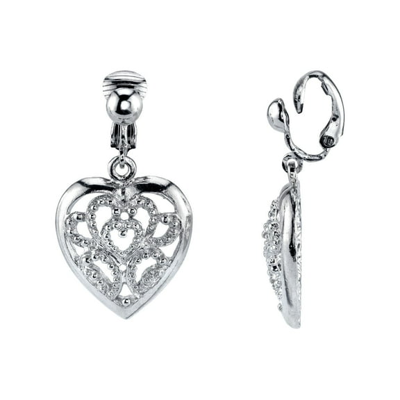 1928 Jewelry Women's Filigree Polished Heart Drop Clip On Earrings, Silver