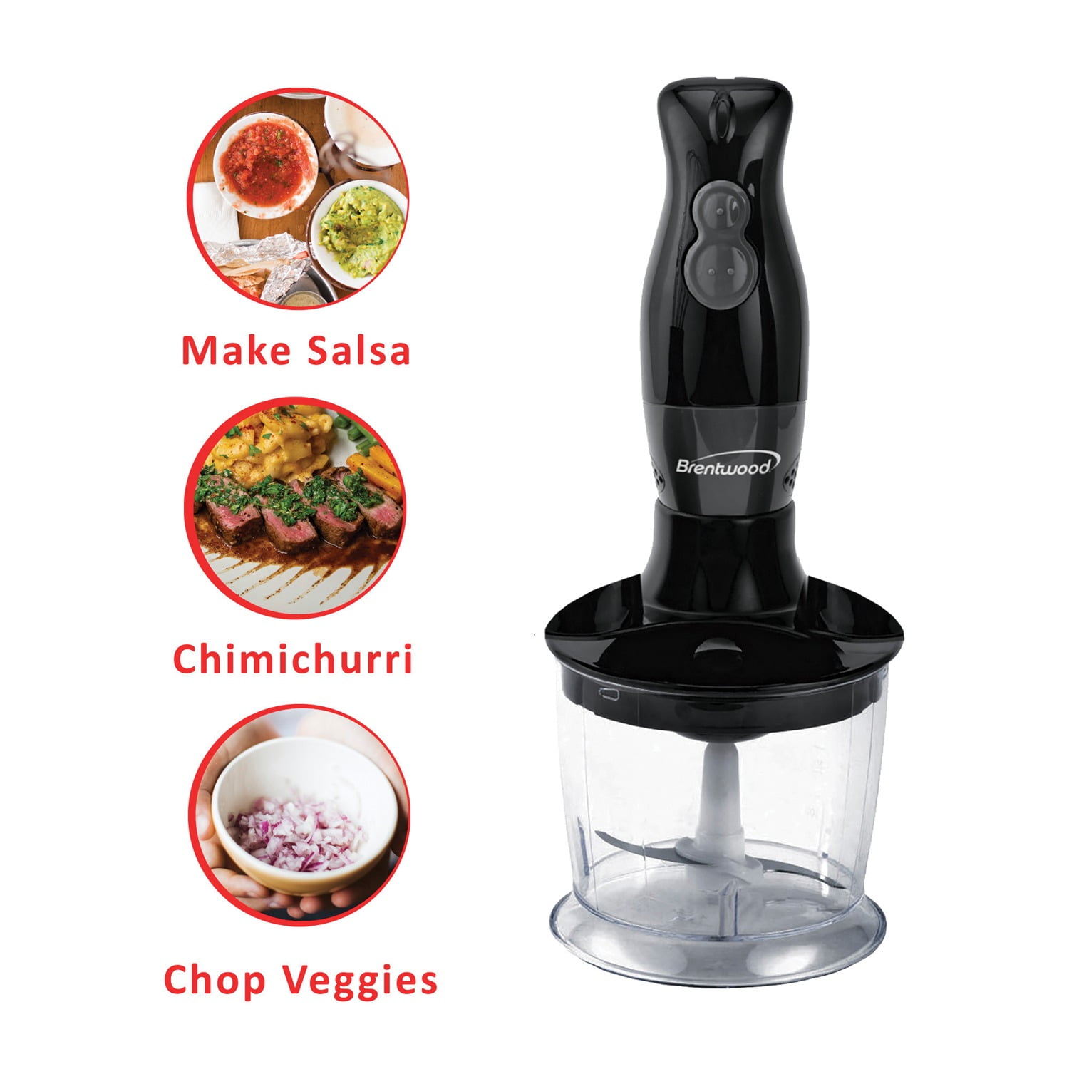 Brentwood 2-Speed Hand Blender and Food Processor with Balloon Whisk, Black