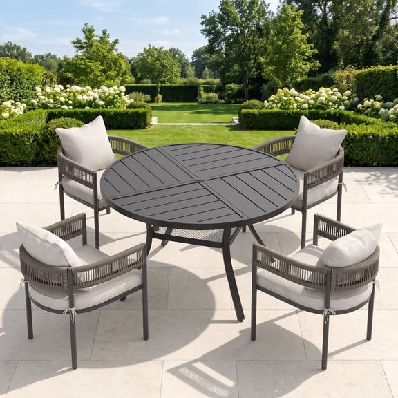 VOXBIN Outdoor Patio Dining Set for 4, 40" Round Table and 4 Wicker Chairs, Black Tabletop with Beige Cushions