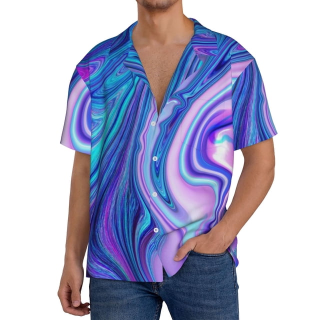 Fotbe Swirl Blue And Purple Camisa Estampada de Manga Corta para Hombre, Casual de Verano, Estilo Playero, Sin Arrugas-Small