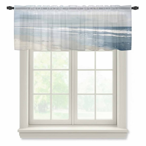 Blue Coastal Valance Curtains for Kitchen/Living Room/Bathroom/Bedroom Window, Rod Pocket Small Topper Half Short Window Curtains Voile Sheer Scarf, Seaside Summer Beach Nautical 42"x12"