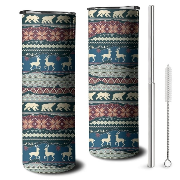 20oz Multicolor Christmas Pattern Skinny Tumblers Stainless Steel Tumbler with Lid and Straw,Vacuum Insulated Double Wall Travel Tumbler Cups with Cleaning Brush for Coffee,Tea