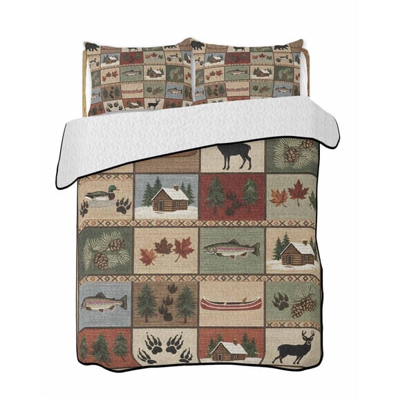Quilts Twin-XL Size Bedding Set, Farmhouse Buffalo Plaid Lightweight Quilted Comforter, Beige Cabin Elk Forest Soft Reversible Bedspread Coverlet with Pillow Covers for All Season, 68" x 98"
