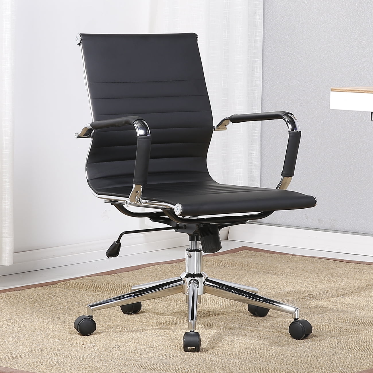 Belleze Mid-Back Faux Leather Adjustable Swivel Office Chair Soft Ribbed Armrest, Black