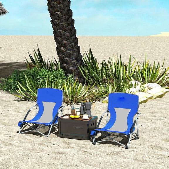 Resenkos 2-Pack Dark Blue Folding Beach Chairs, Mesh Back, Cup Holder and Carry Bag – For Camping/Picnic/Sports
