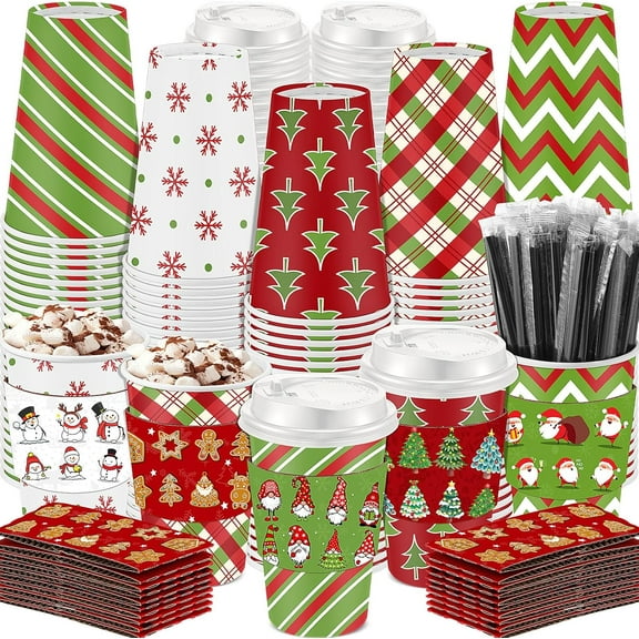 100 Sets Christmas Paper Coffee Cups 16 oz with Sleeve and Lid Straw Hot Chocolate Cocoa Cup Xmas Holiday Party Supplies for Hot Drinks Cold Beverage Cafe Shop Office, 5 Styles(Elegant)Disposable cup