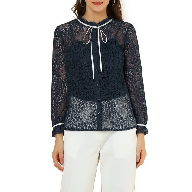 Unique Bargains Chemisier à Col à Volants Manches Longues en Dentelle Transparente pour Femmes