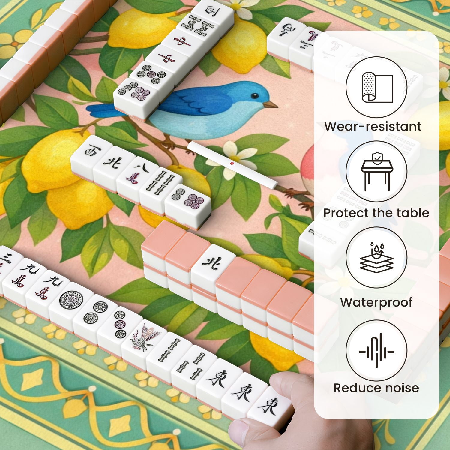Mahjong Mat 31.5" x 31.5" Colorful Birds Lemons Floral Accents Non-Slip Noise Reduction Mahjong Tiles Table Cover for Dominoes Poker Card Board and Tile Games