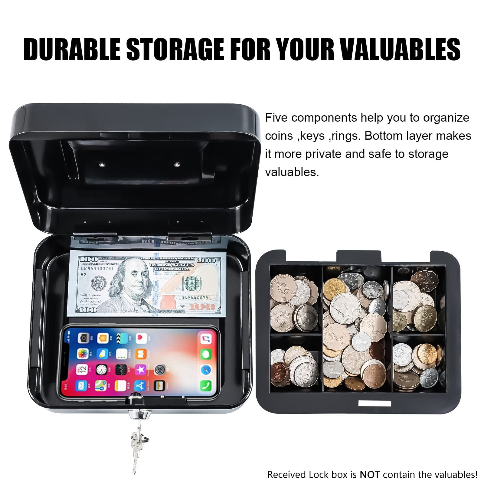 Lock Box with Removable Tray, Key Lock Security Cash Box for Money, Valuables, and Documents, Portable Storage Organizer for Home, Office, and Small Business Use Pink