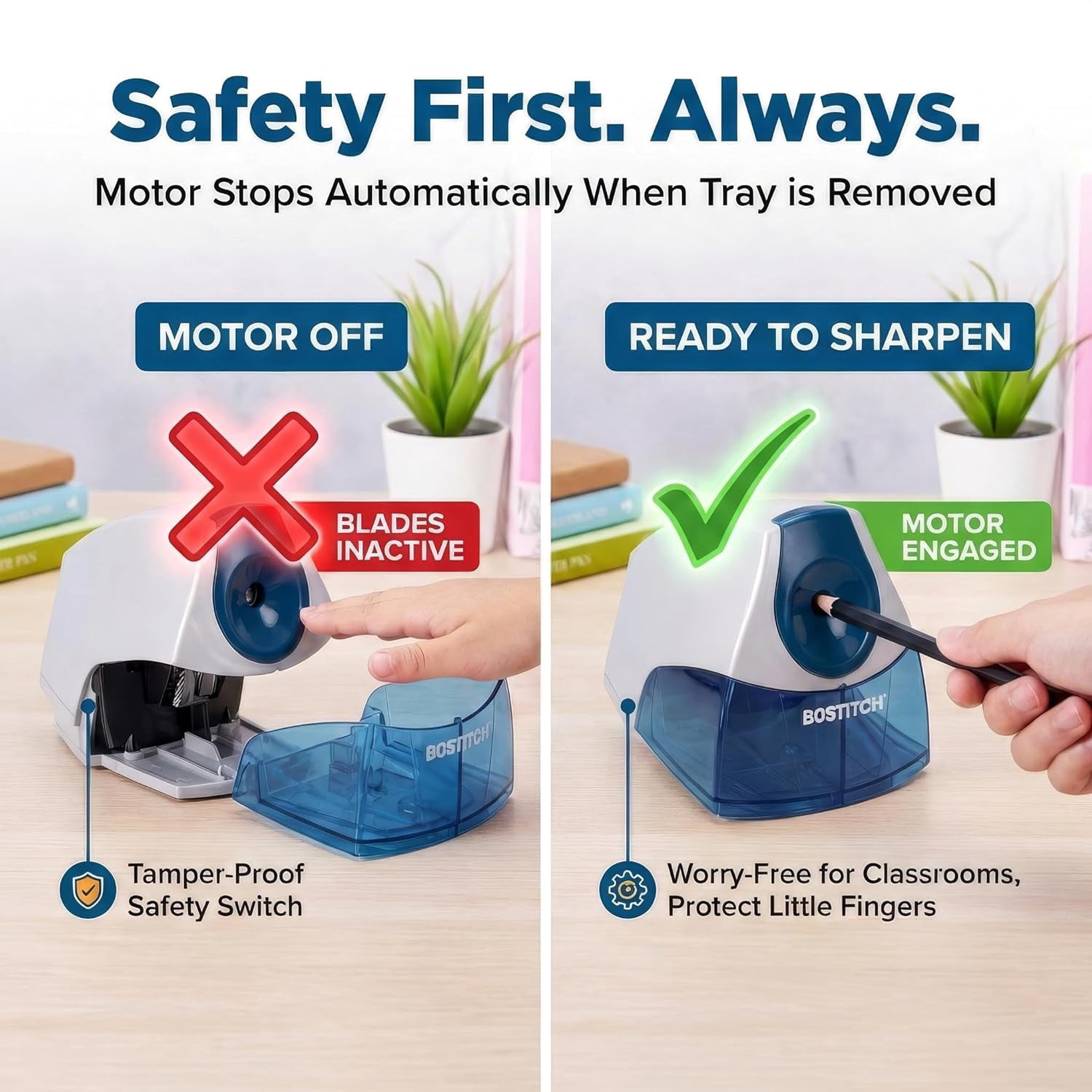 Office Electric Pencil Sharpener for Classroom & Desk Use, Heavy-Duty Stall-Free Motor, High-Capacity Shavings Tray, Dark Blue