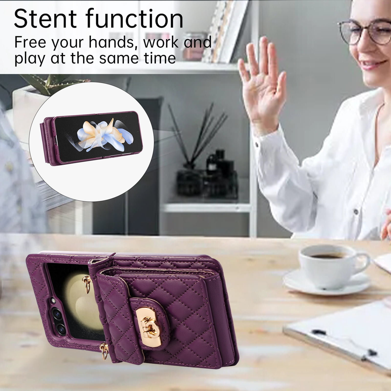 Decase For Samsung Galaxy Z Flip 5 5G Leather Wallet Case, PU Leather Shockproof Case with Crossbody Strap, Back Built in Stand Wallet Credit Card Holder Slots Phone Cover,Deep Purple