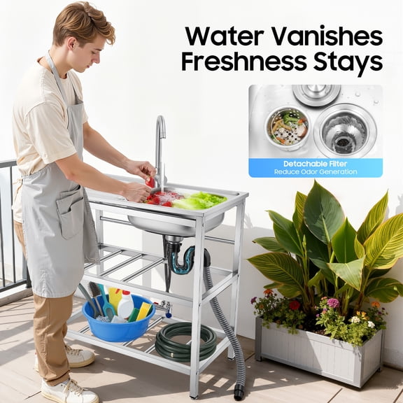 Utility Kitchen Sink Freestand Stainless Steel Outdoor Rectangle Sink w/ Faucet