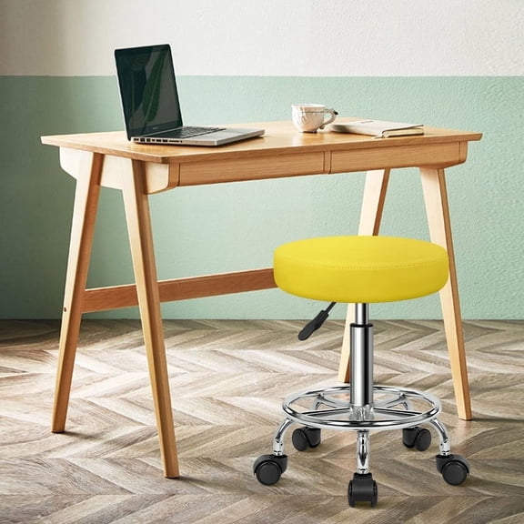 KKTONER PU Leather Rolling Stool with Wheels Adjustable Desk Stool Chair Round Swivel Chair with Foot Rest for Spa Salon Massage Home Office Yellow