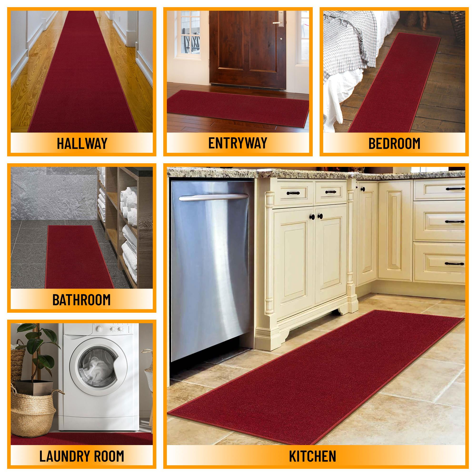 Sweet Home Stores Non-Slip Rubberback Solid 2x5 Runner Rug, 20" x 53", Red