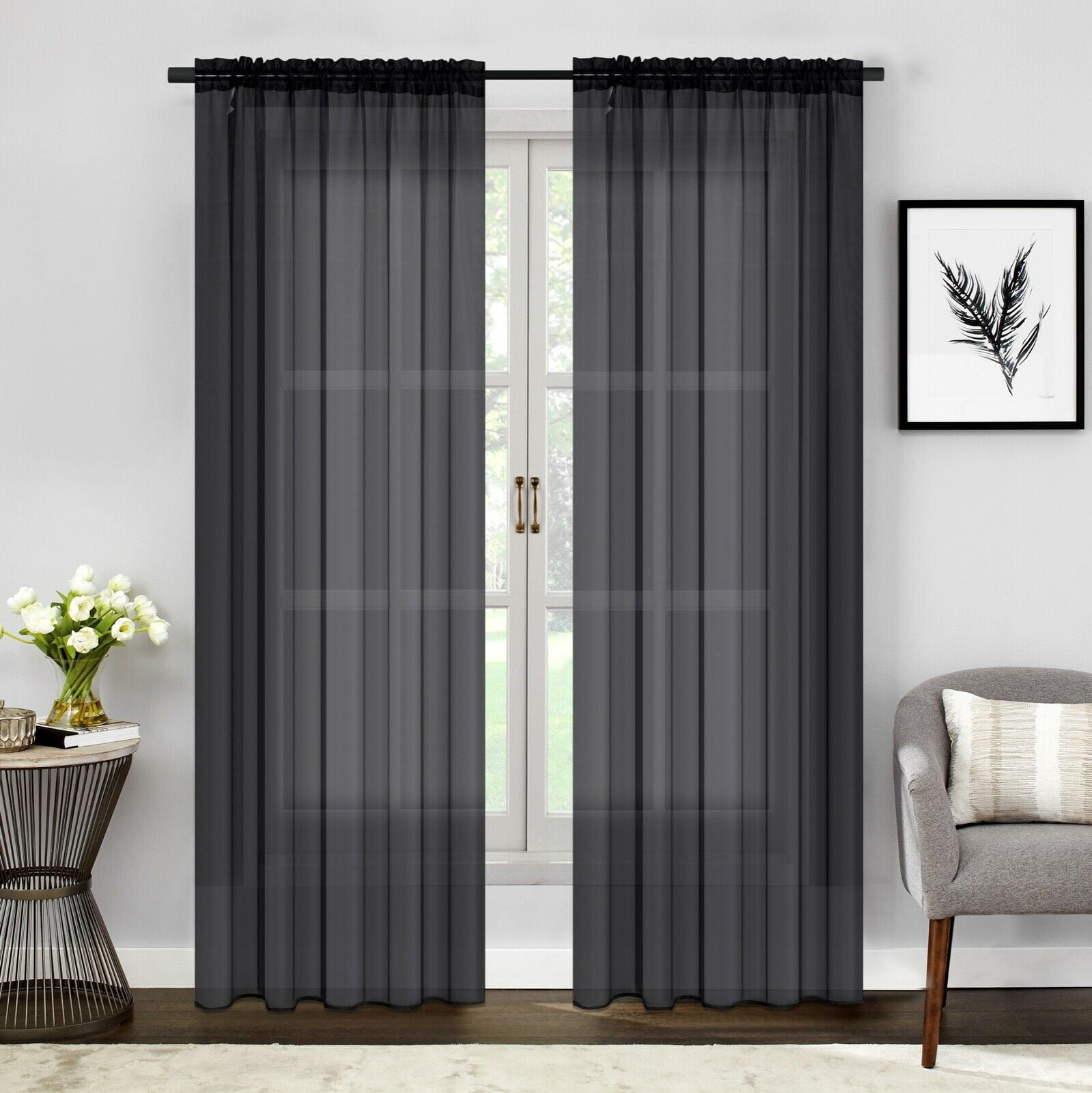 Empire 2 Piece Sheer Voile Window Curtains Drapes Set 84" Long Rod