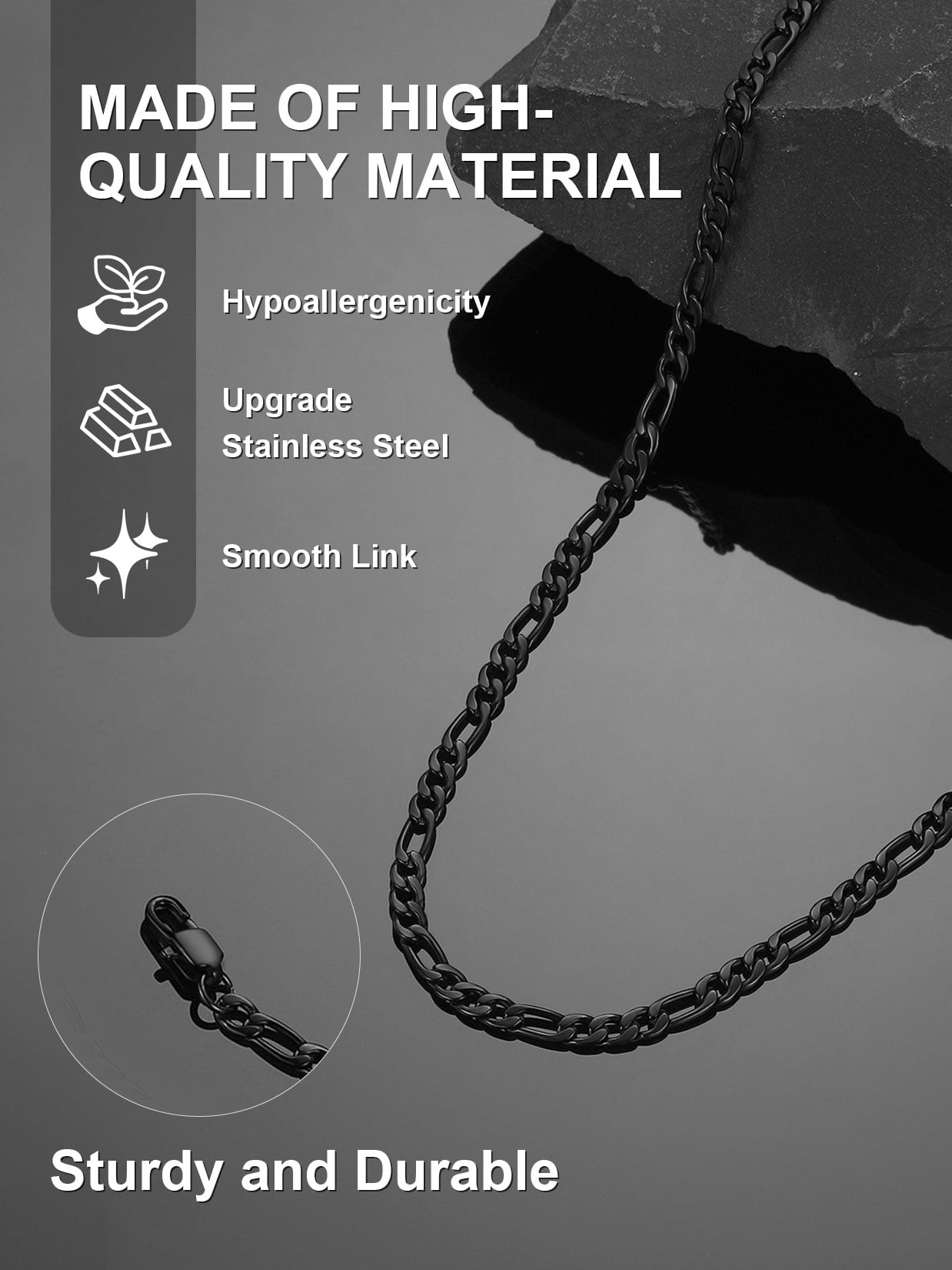 ChainsProMax Men 3mm Figaro Chain Necklace 316L Stainless Steel Black Necklace Jewelry Gift for Men Women Fathers Mothers Day