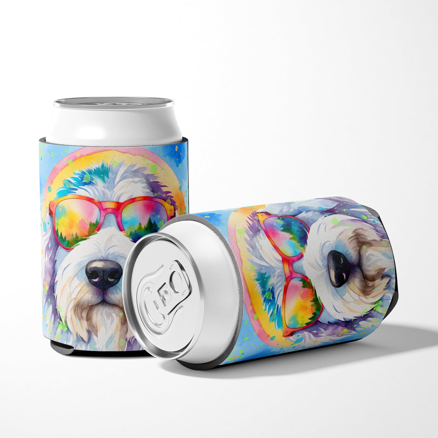 Old English Sheepdog Hippie Dawg Can or Bottle Hugger 3 in x 5 in
