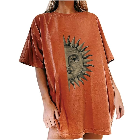 Pompotops Women's Fashion Casual Sun Moon Skull Print Round Neck Short Sleeve Top T-shirt