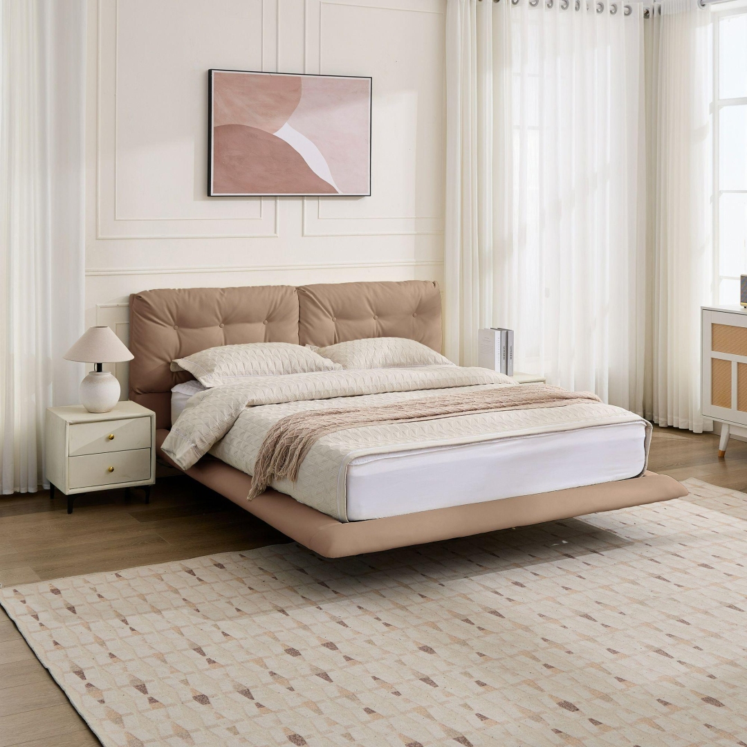 Queen Size Floating Bed Frame with LED Lights, Upholstered Platform Bed with Button Tufted Headboard, No Box Spring Needed, Easy Assembly, Khaki