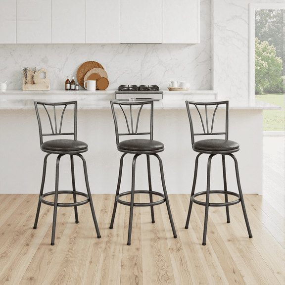 Azalea Park 3- Pack Indoor Adjustable 24" or 29" Black Metal Swivel Barstool, Black Vegan Leather Seat