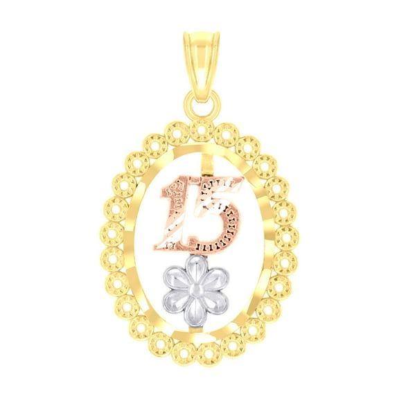 10kt Gold Tri-Color Womens 15 Anos Quinceanera Charm Pendant