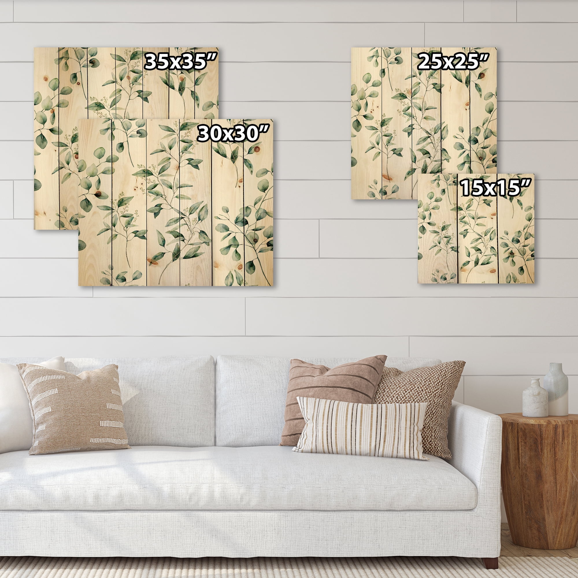 Designart 'Green Eucalyptus Plant Branches IV' Traditional Print on Natural Pine Wood