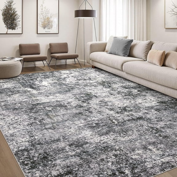 Abstract Grey 8' x 10' Washable Low Pile Area Rug with Non-Slip Backing