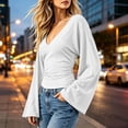 thumbnail image 5 of cocolona Womens Fall Trendy Tops Flared sleeve V Neck Slim Shirts Casual Solid Color Pullover Blouses, 5 of 7