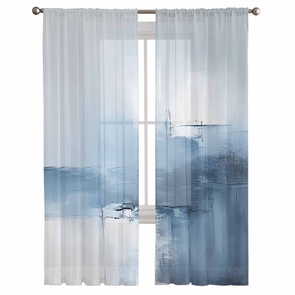 Blue Ombre Semi Sheer Curtains 108 Inch Length 2 Panels Set, Modern Geometric Abstract Artwork Sheer Kitchen Curtain Privacy Voile Window Curtain for Living Room Bedroom Rod Pocket Drapes
