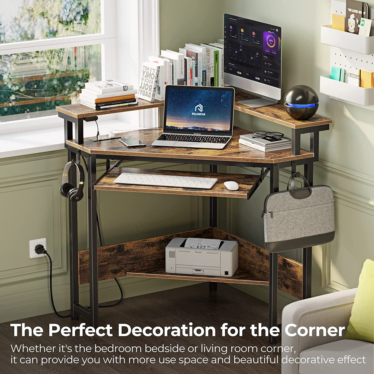 BIZFURN Corner Desk, 44.5" W x 34.5" H Small Computer Desk with Power Outlets, Gaming Desk with LED Lights, Triangle Corner Desk with Keyboard Tray & Monitor Stand for Small Space, Rustic Brown